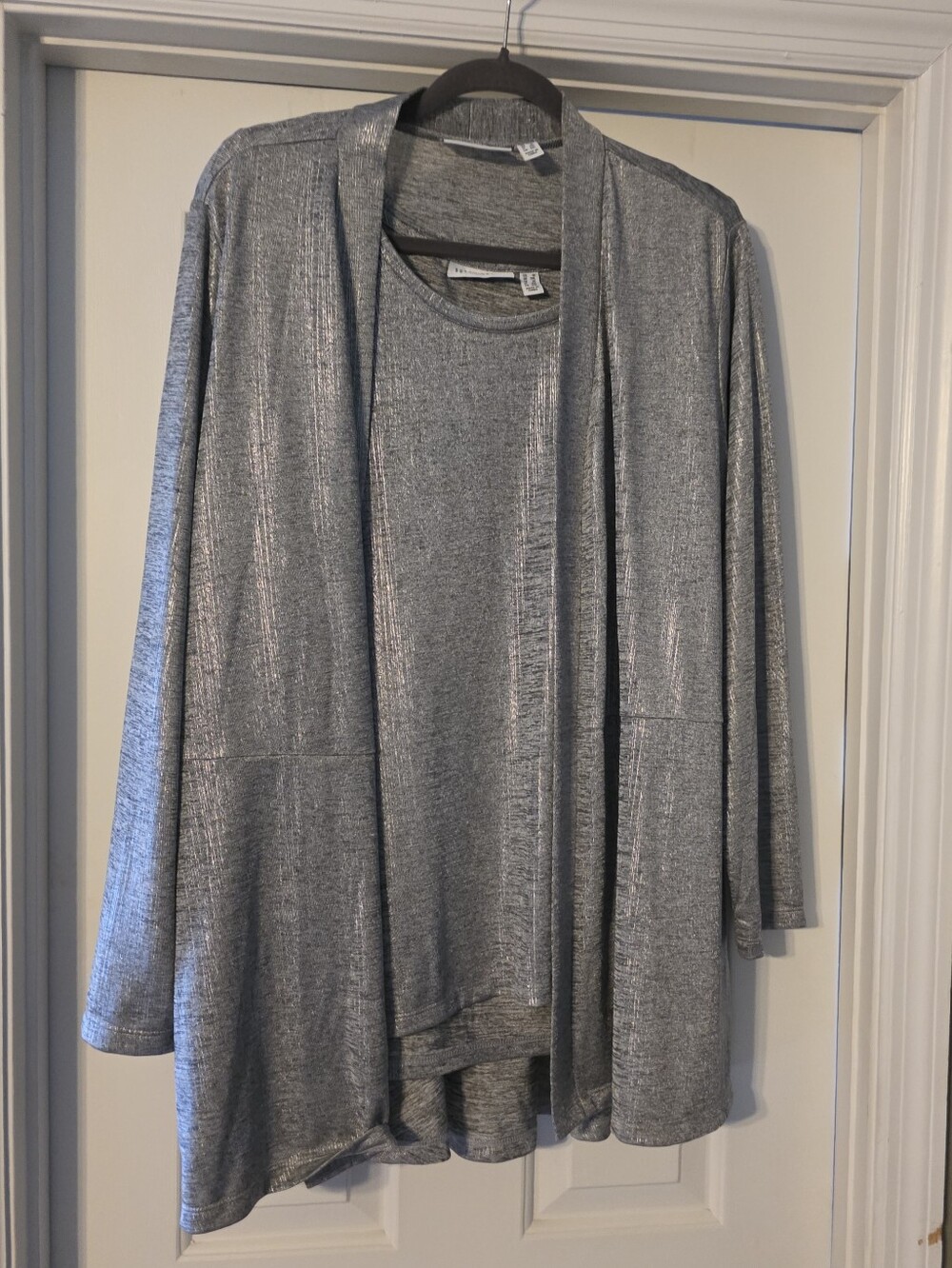 Metallic Silver Open-Front Women’s Cardigan Sweater